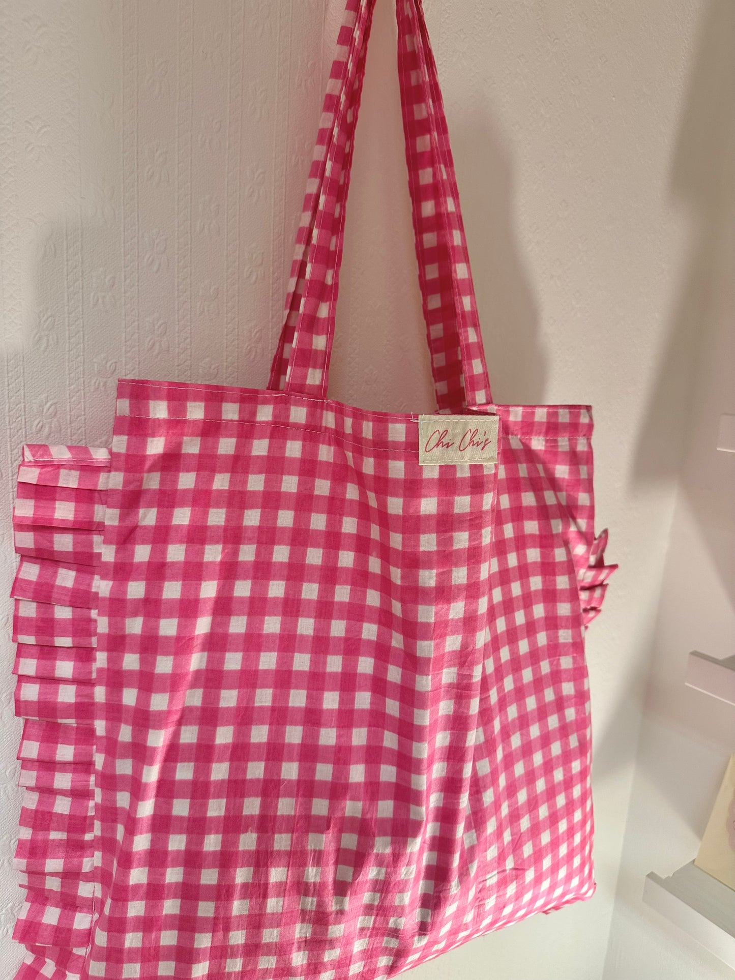 Pink Gingham Frilly Cotton Tote Bag