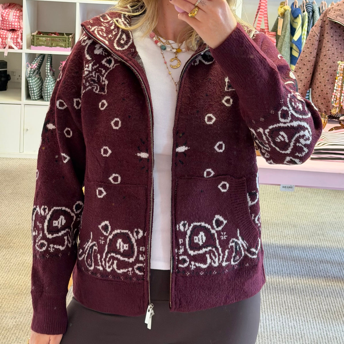 Burgundy Paisley Bandana Print Zip Up Cardigan
