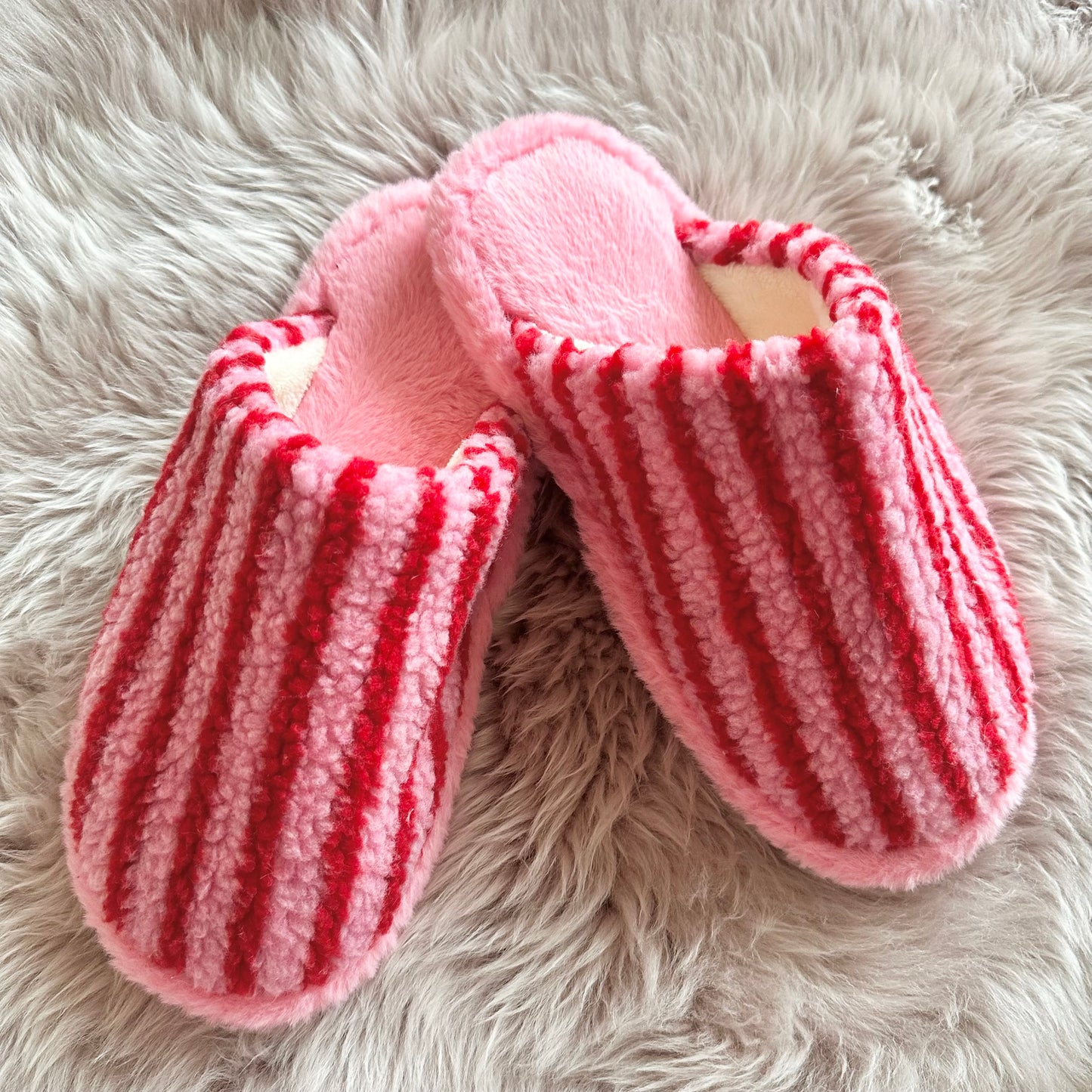 Red & Pink Stripe Fluffy Slippers