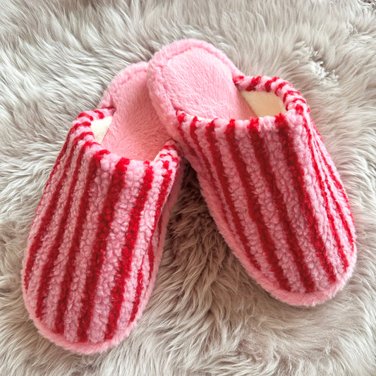 Red & Pink Stripe Fluffy Slippers