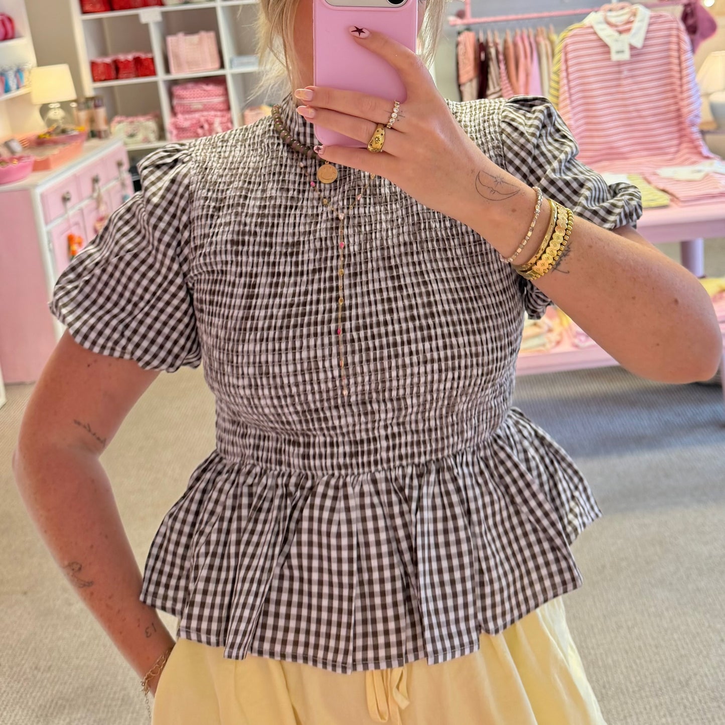 Brown Gingham Peplum Style Blouse