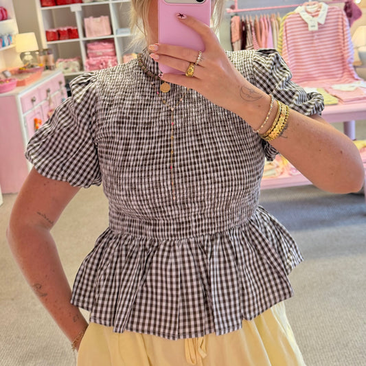 Brown Gingham Peplum Style Blouse