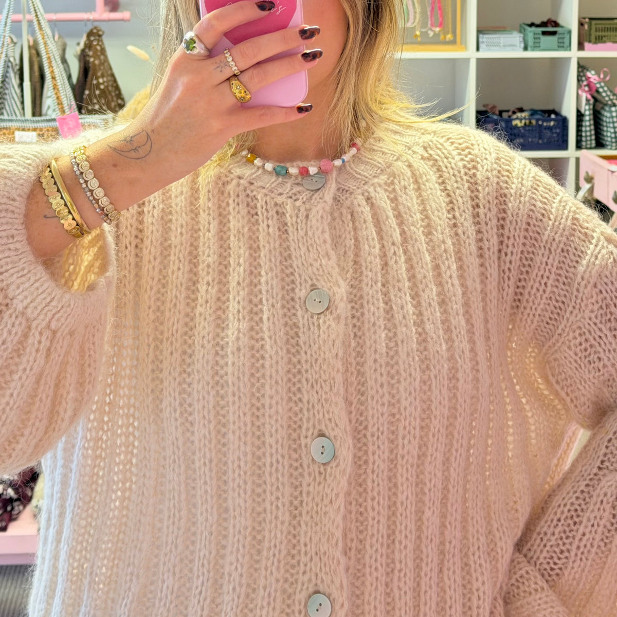 Light Beige Knit Balloon Sleeve Cardigan
