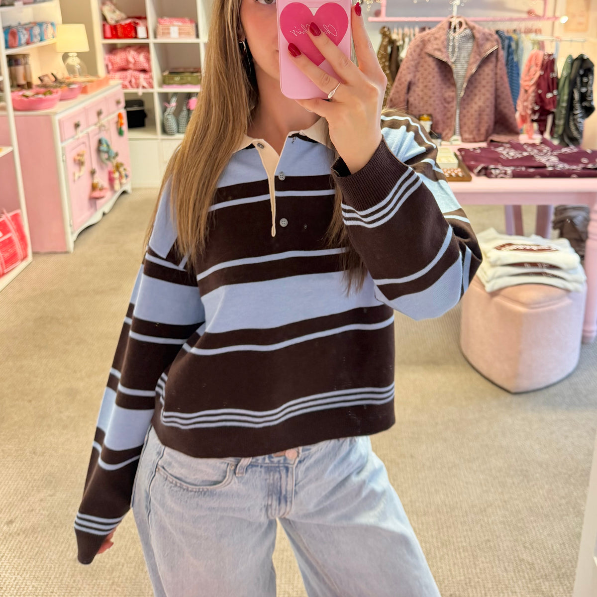 Brown & Blue Cropped Polo Fit Jumper