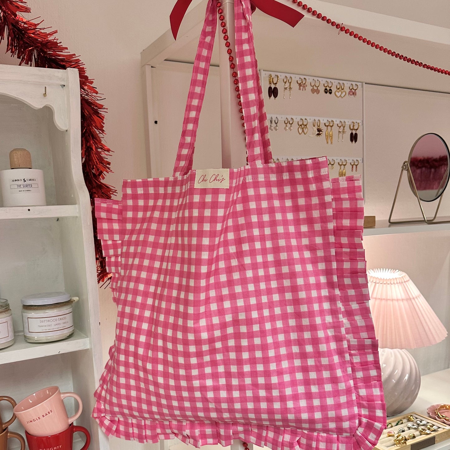 Pink Gingham Frilly Cotton Tote Bag