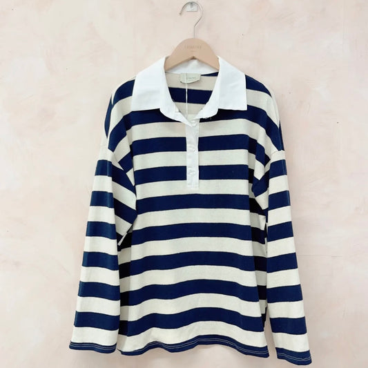 Navy & Cream Stripe Rugby Style T-Shirt