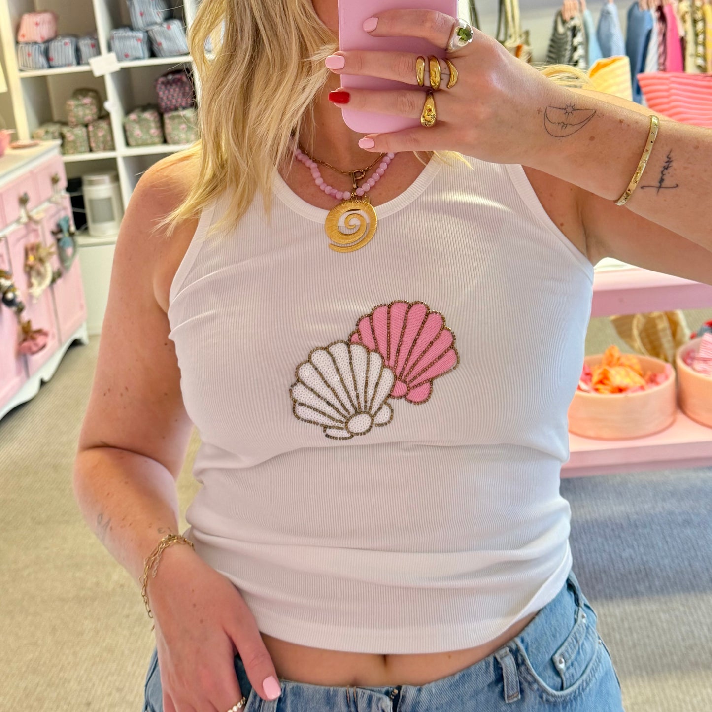 Hand Beaded Pink & White Seashell Ribbed Tank Top