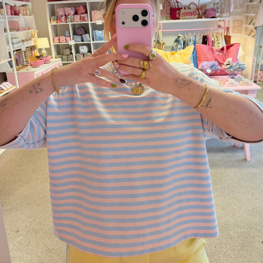 Pink & Blue Striped Boxy Oversize Style T-Shirt With 3/4 Sleeves