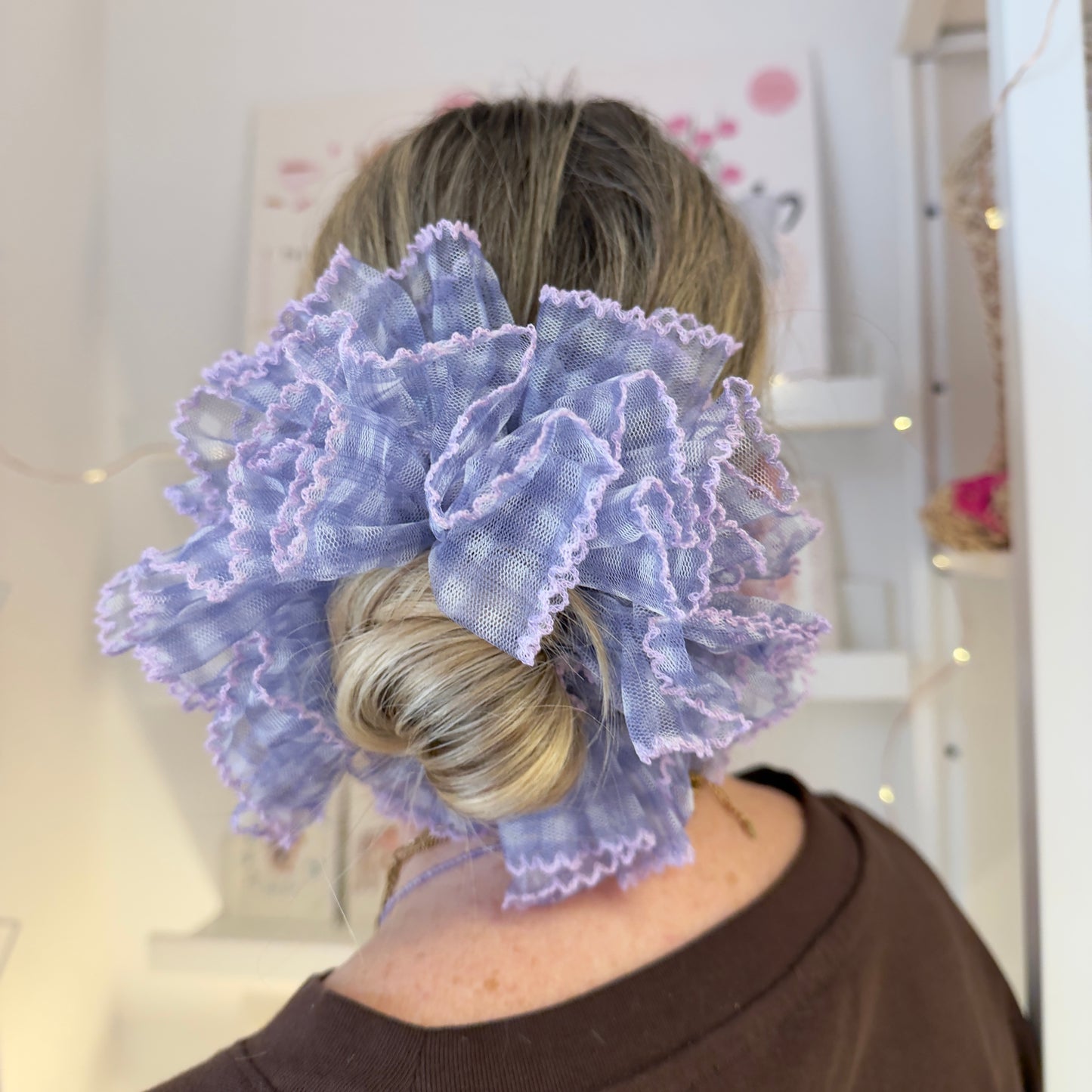 Purple Gingham Tulle Scrunchie With Lilac Trim