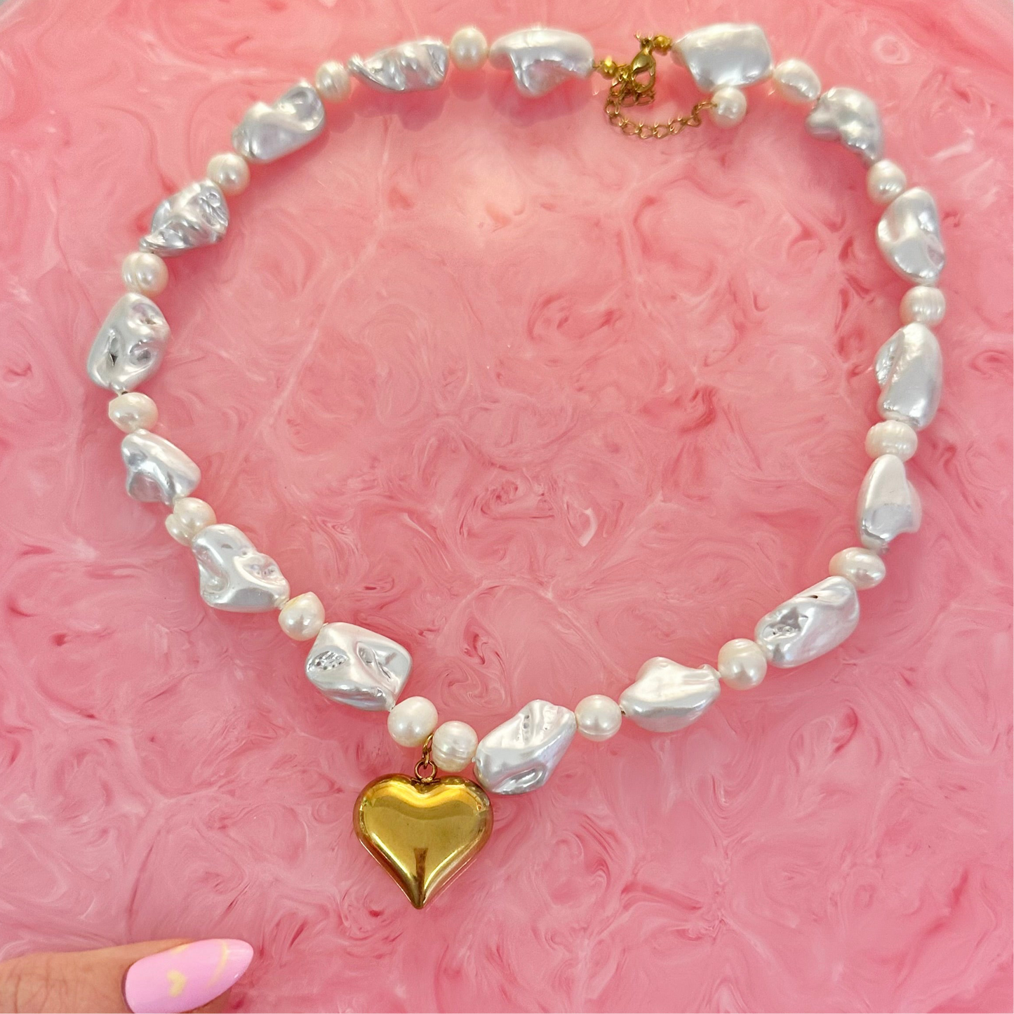 Pearl & Shell Bead Chunky Statement Necklace With Gold Heart