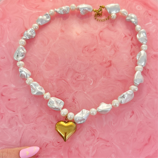 Pearl & Shell Bead Chunky Statement Necklace With Gold Heart