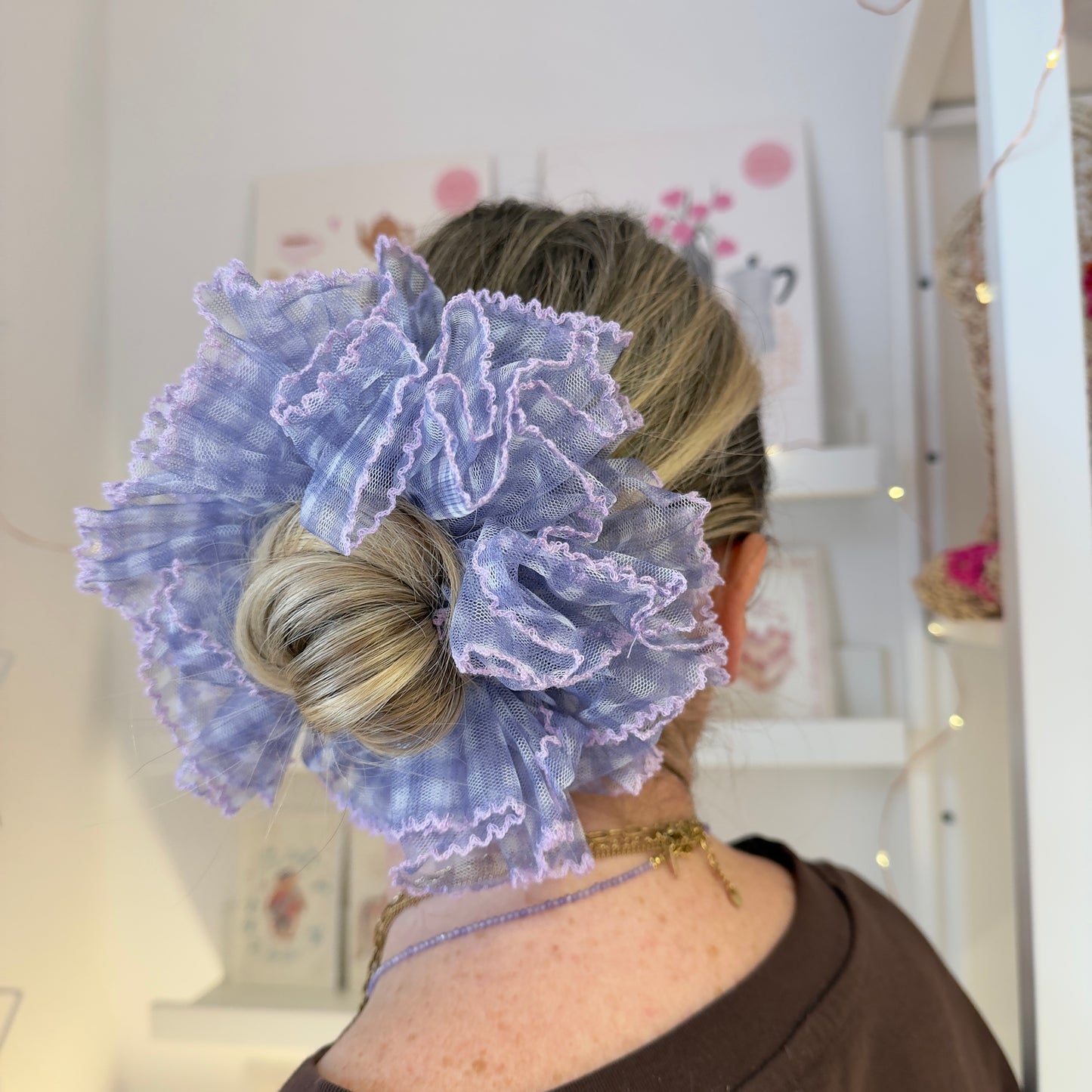 Purple Gingham Tulle Scrunchie With Lilac Trim