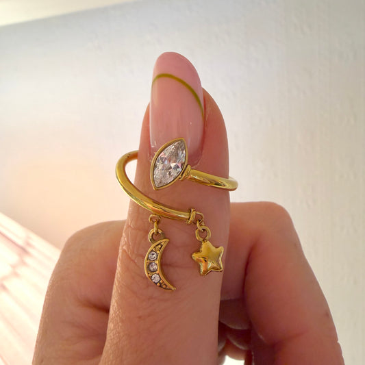 Star & Moon Charm Open Ring