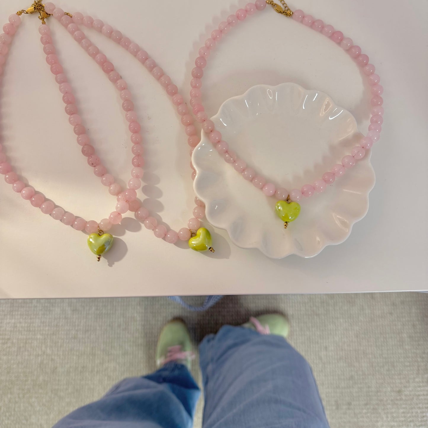🍵 Matcha Green Heart With Pink Beads Necklace