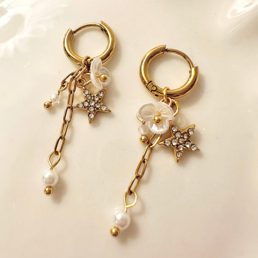 Dangle Charm Star & Flower Hoop Earrings