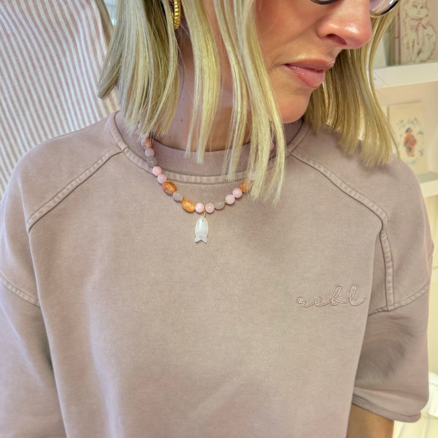 🧡 Orange & Pink Beaded Necklace With Fish