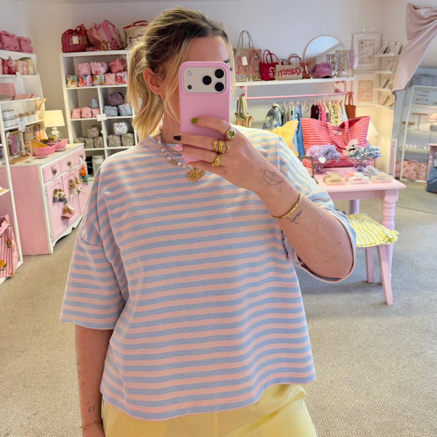 Pink & Blue Striped Boxy Oversize Style T-Shirt With 3/4 Sleeves