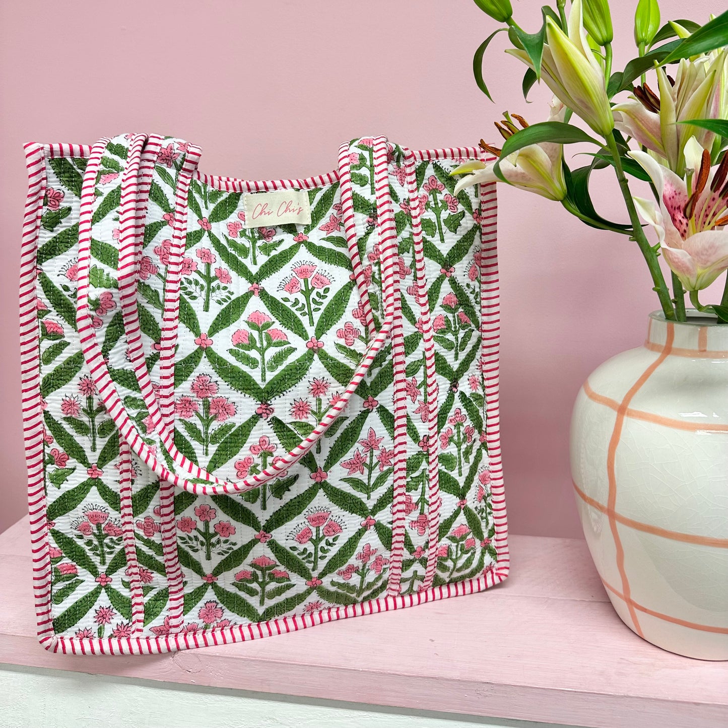 Green Flower Print Quilted Cotton Tote Bag