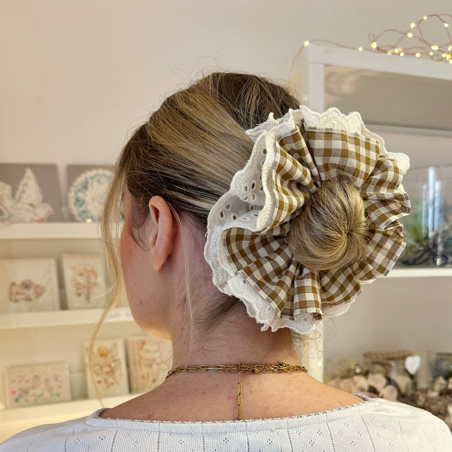 Brown Gingham Scrunchie With Cream Broderie Detail