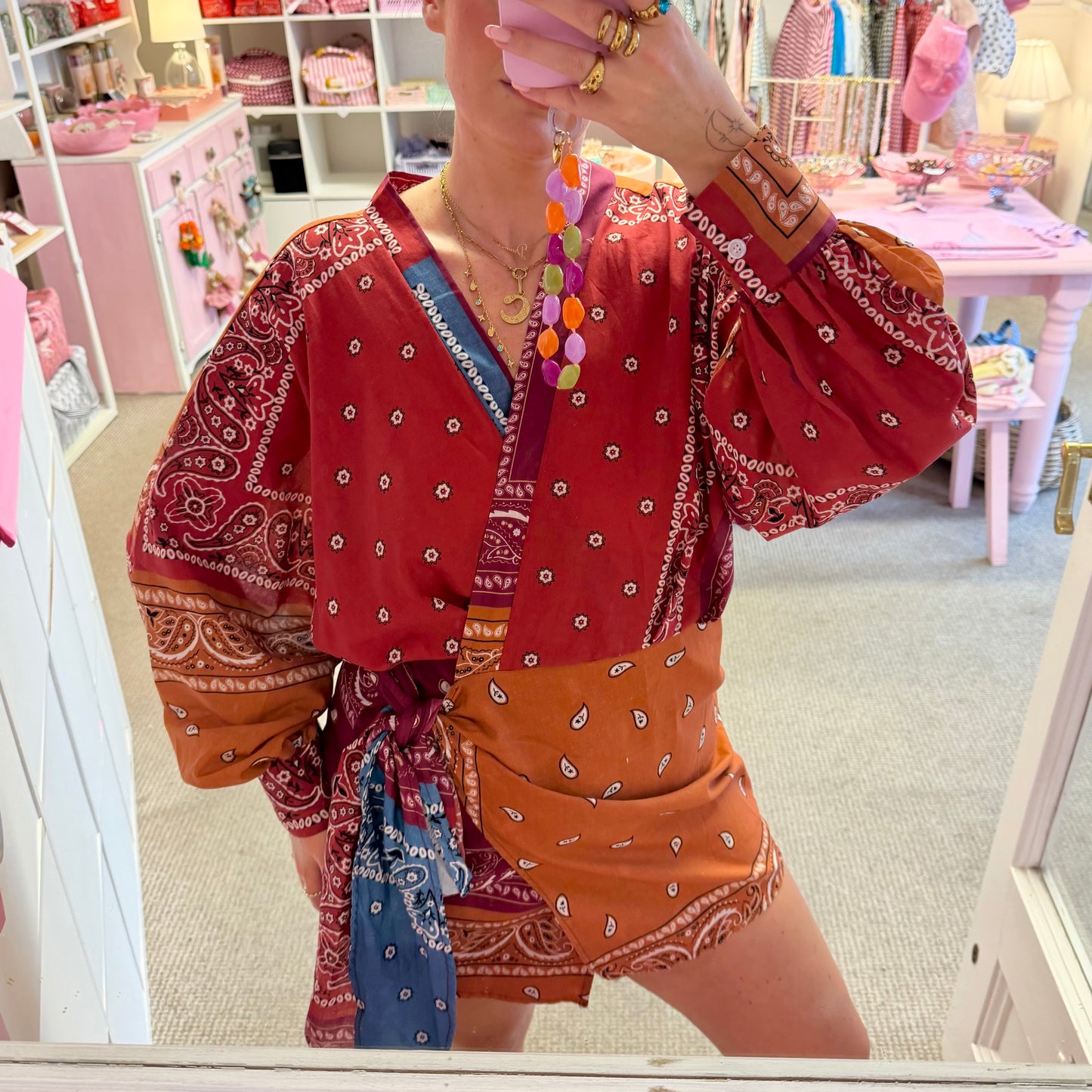 Burgundy Bandana Print Cotton Mini Wrap Dress
