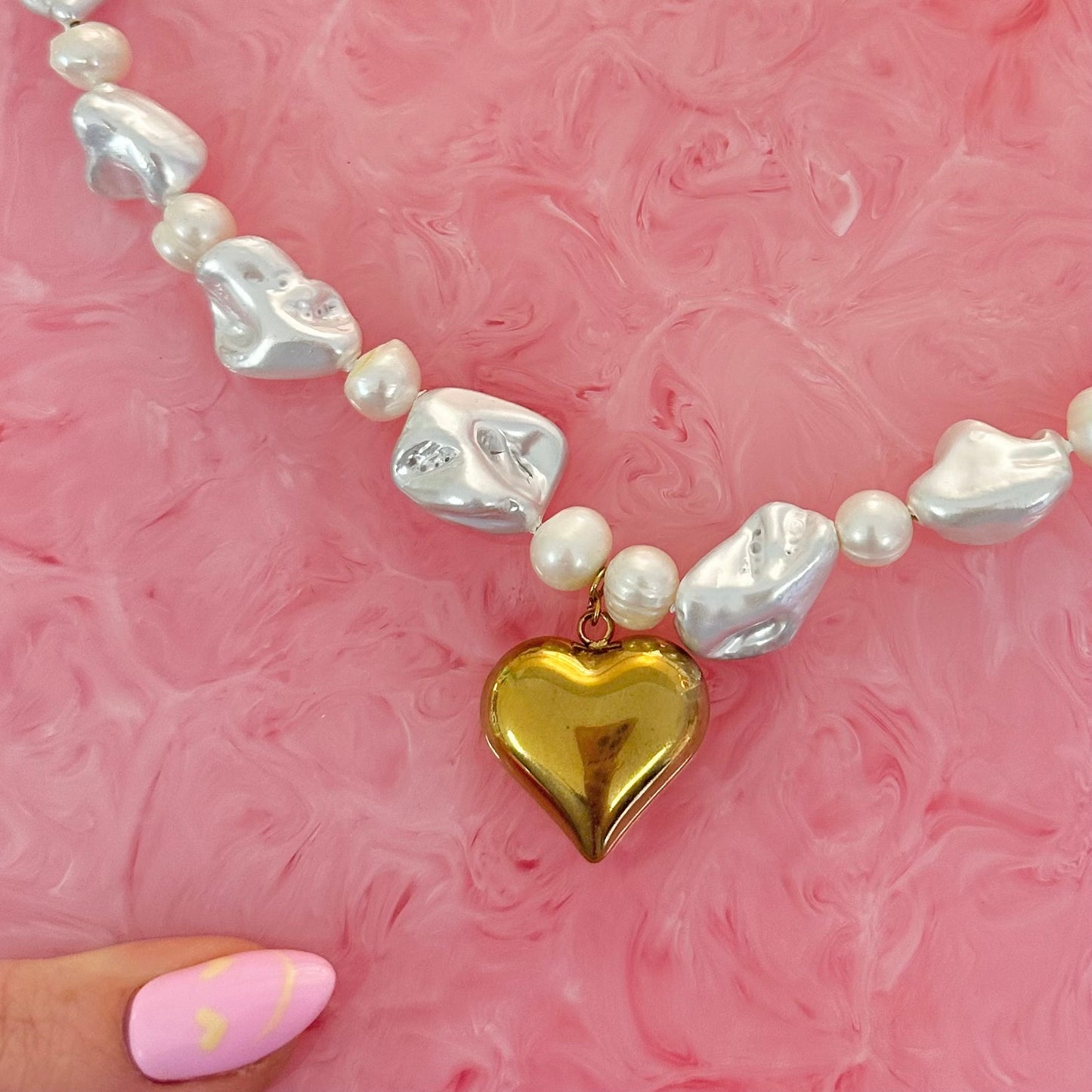Pearl & Shell Bead Chunky Statement Necklace With Gold Heart
