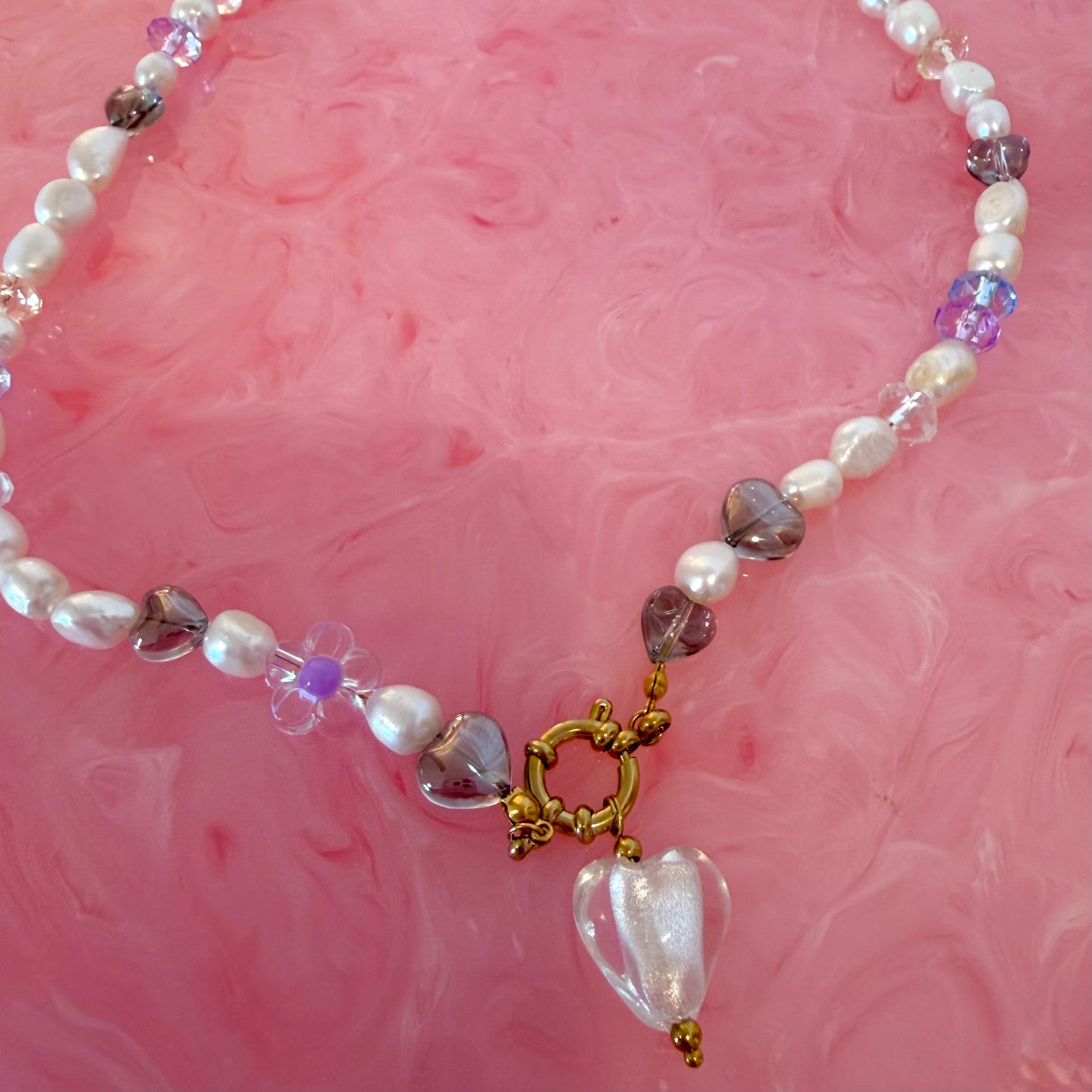 Beaded Pearl Necklace With Crystal Heart Charm