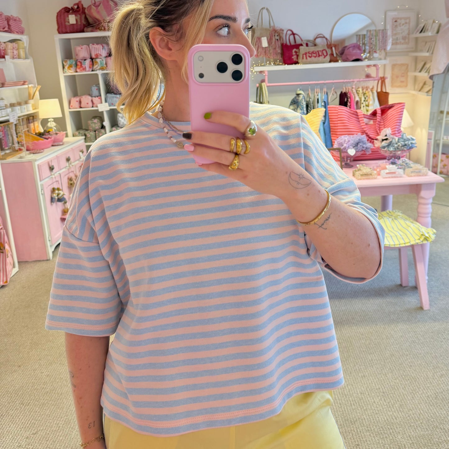 Pink & Blue Striped Boxy Oversize Style T-Shirt With 3/4 Sleeves