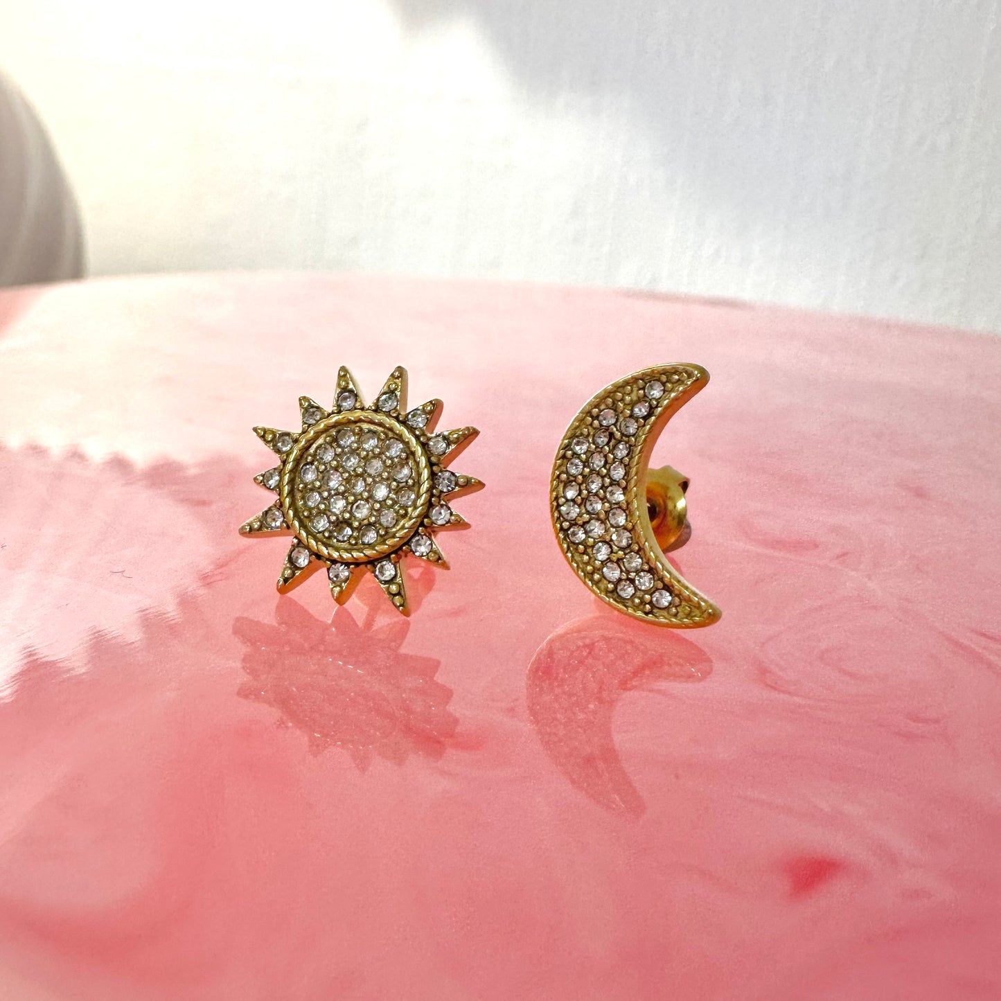 Rhinestone Sun & Moon Gold Studs