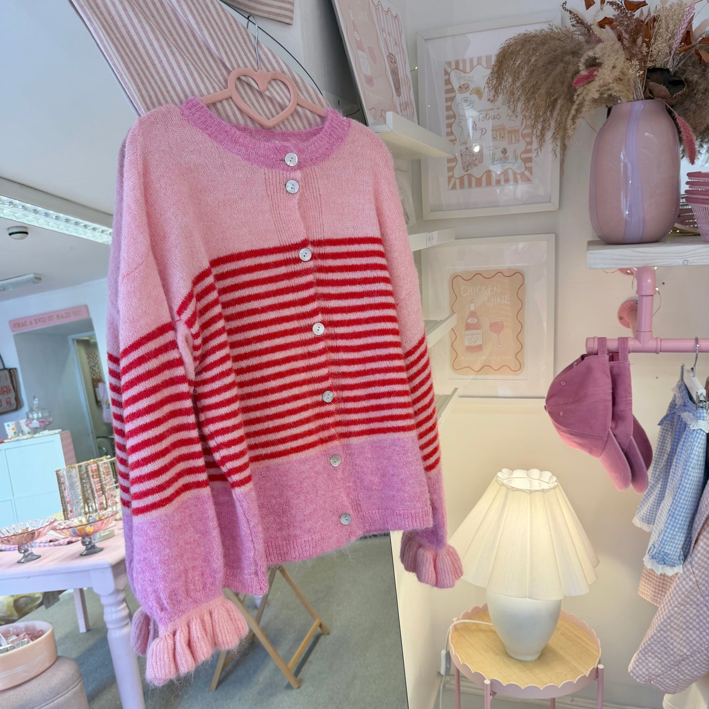 Red & Pink Stripe Cardigan With Frilly Sleeves