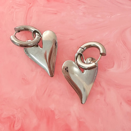 Silver Puffy Heart Earrings With Mini Hoop