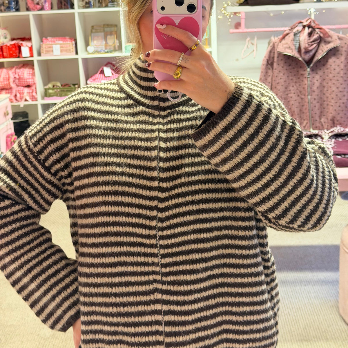Brown & Beige Funnel Neck Zip Up Cardigan