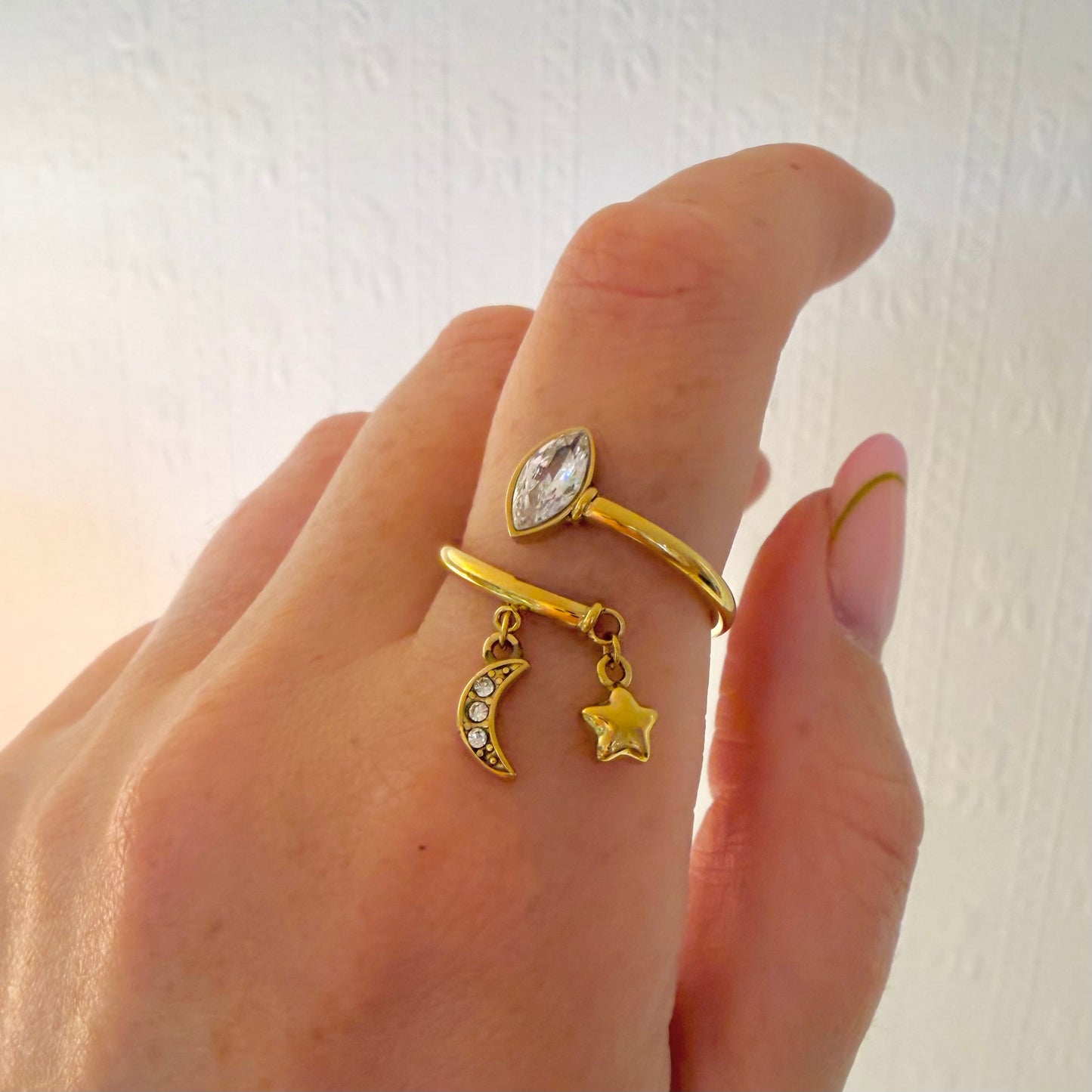 Star & Moon Charm Open Ring