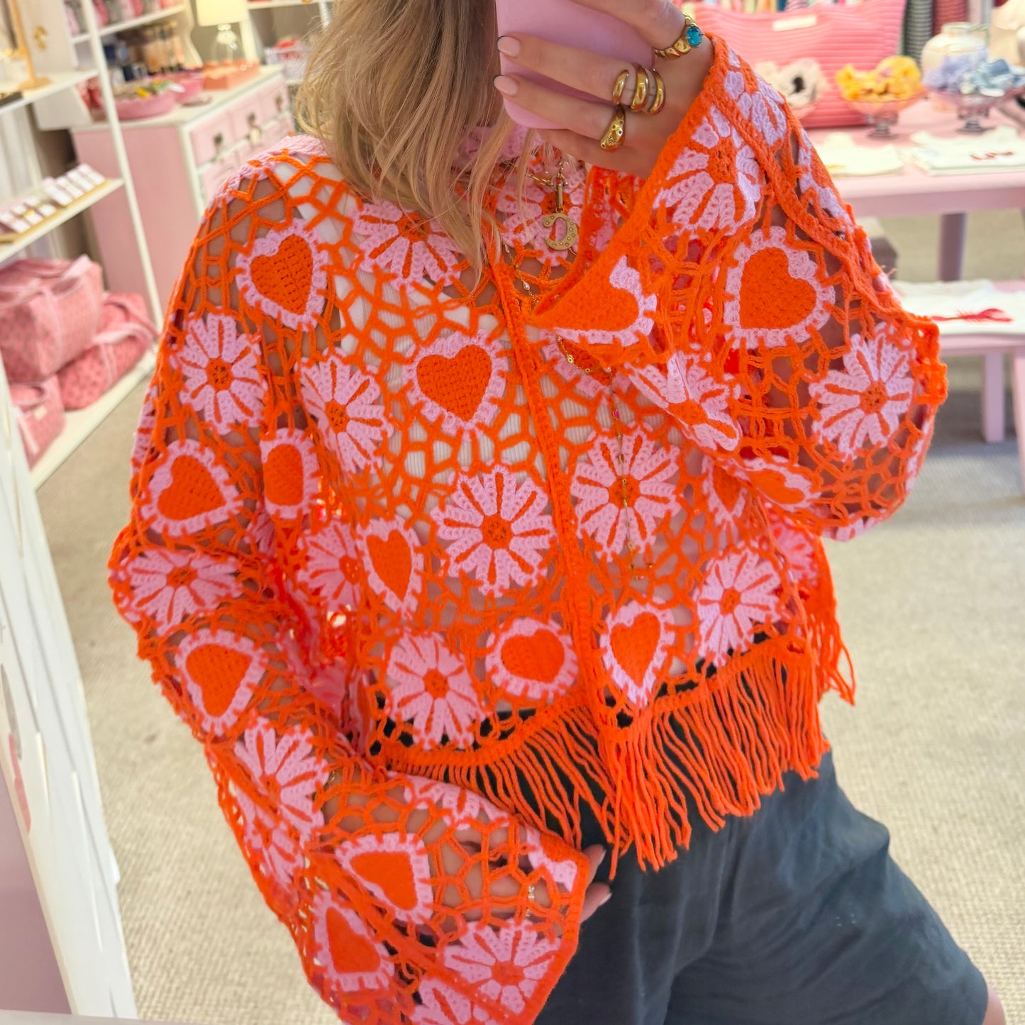 Orange & Pink Crochet Blouse With Tassels