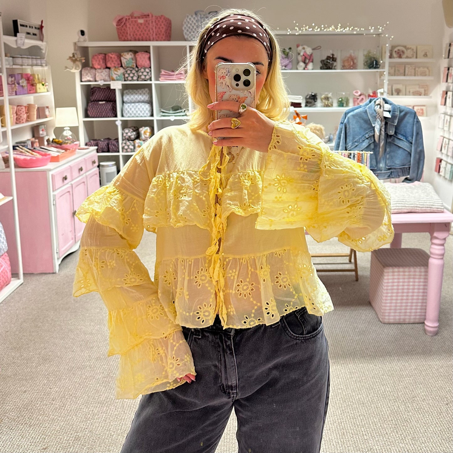 Yellow Broderie Tie Up Blouse