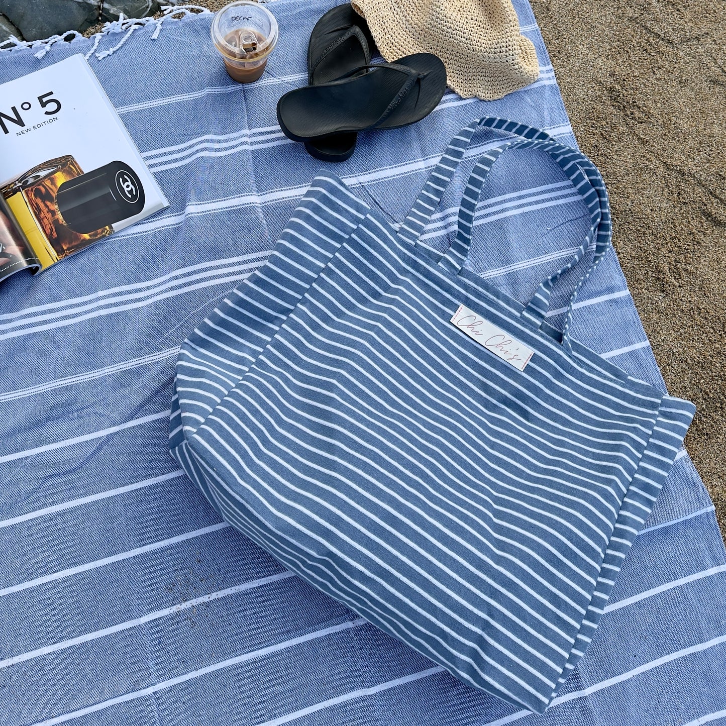 'Chi Chi's' Blue & White Stripe Terry Cloth Large Tote Bag 💙