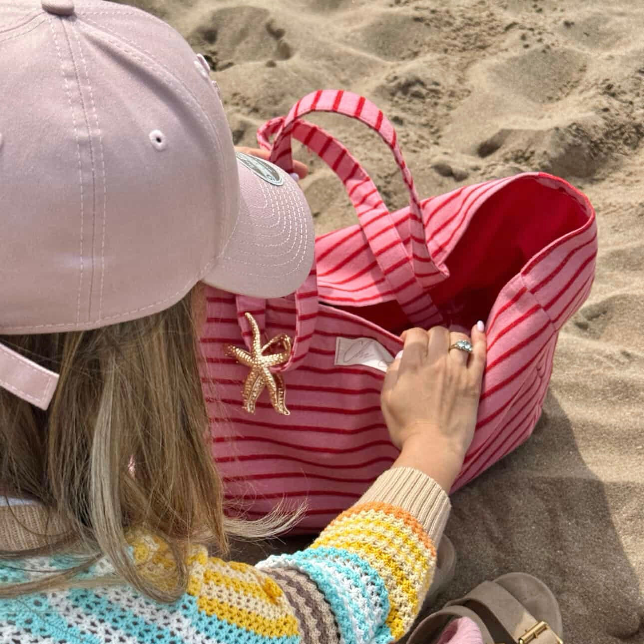 Chi Chi's' Red & Pink Stripe Terry Cloth Large Tote Bag ❤️