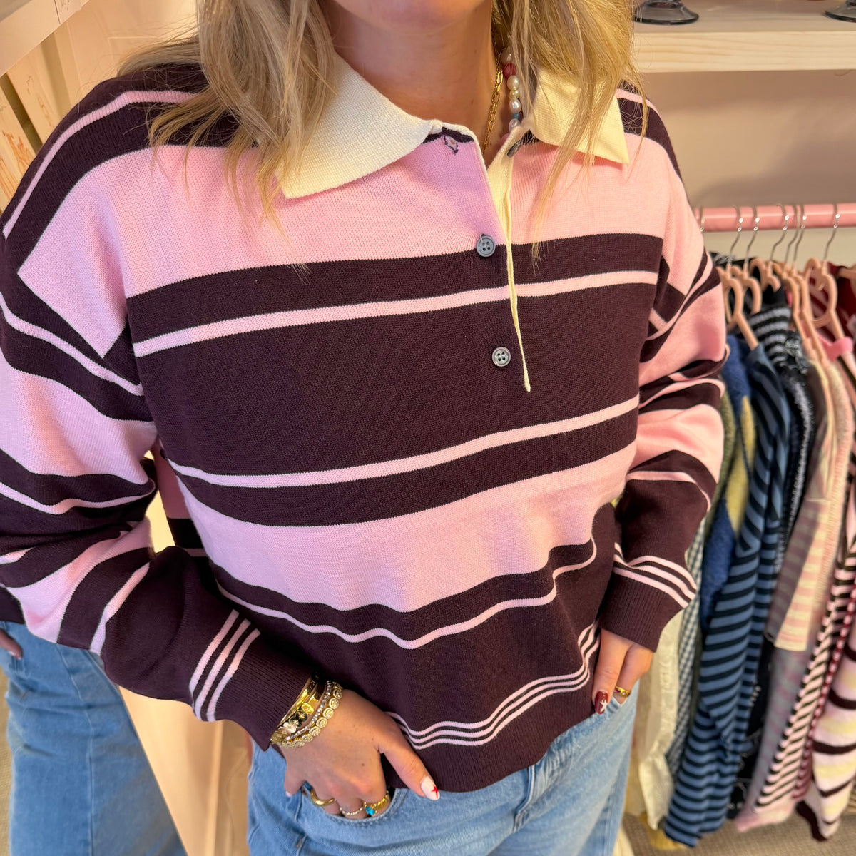 Burgundy & Pink Cropped Polo Fit Jumper