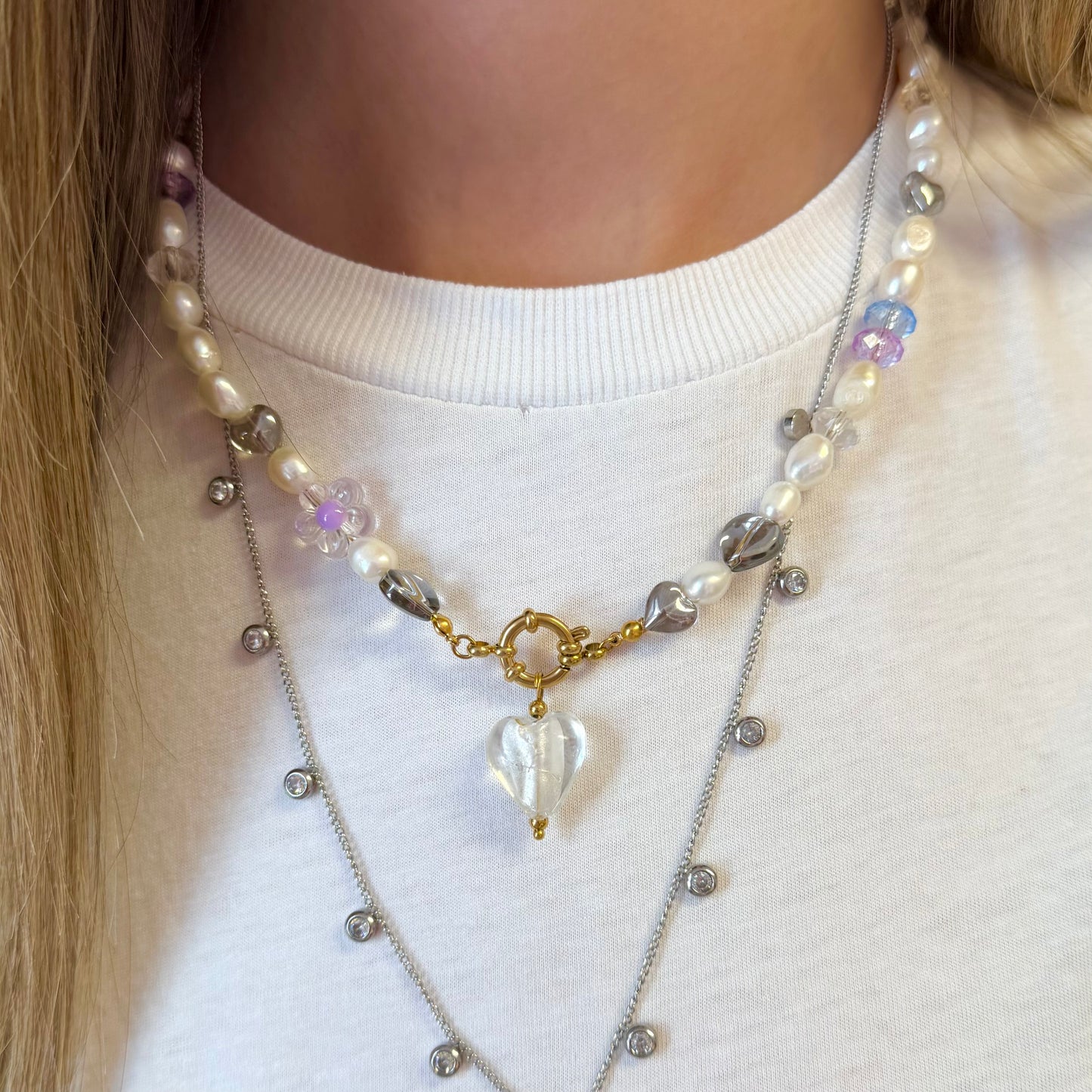 Beaded Pearl Necklace With Crystal Heart Charm