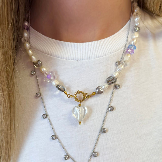 Beaded Pearl Necklace With Crystal Heart Charm