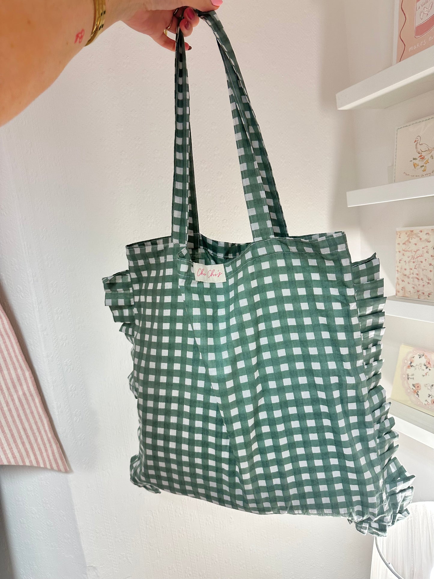 Green Gingham Frilly Cotton Tote Bag