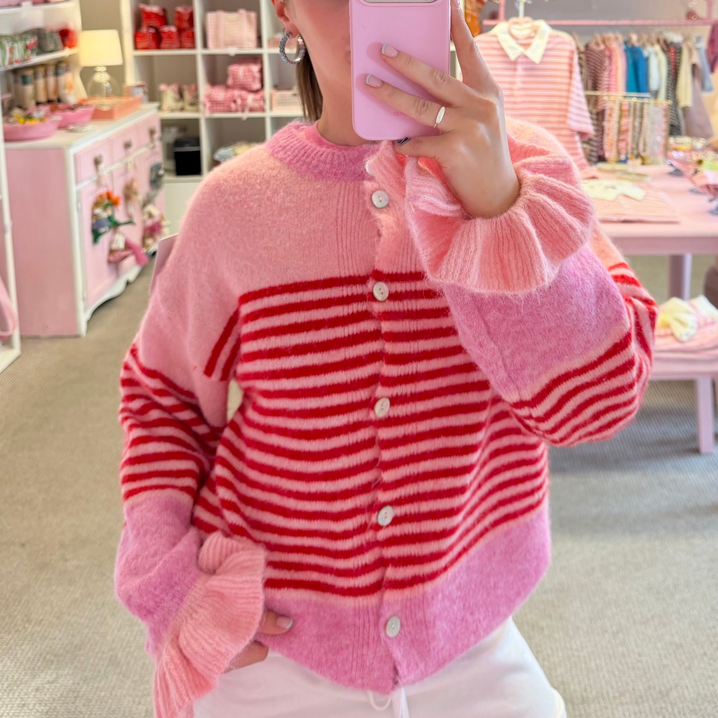 Red & Pink Stripe Cardigan With Frilly Sleeves