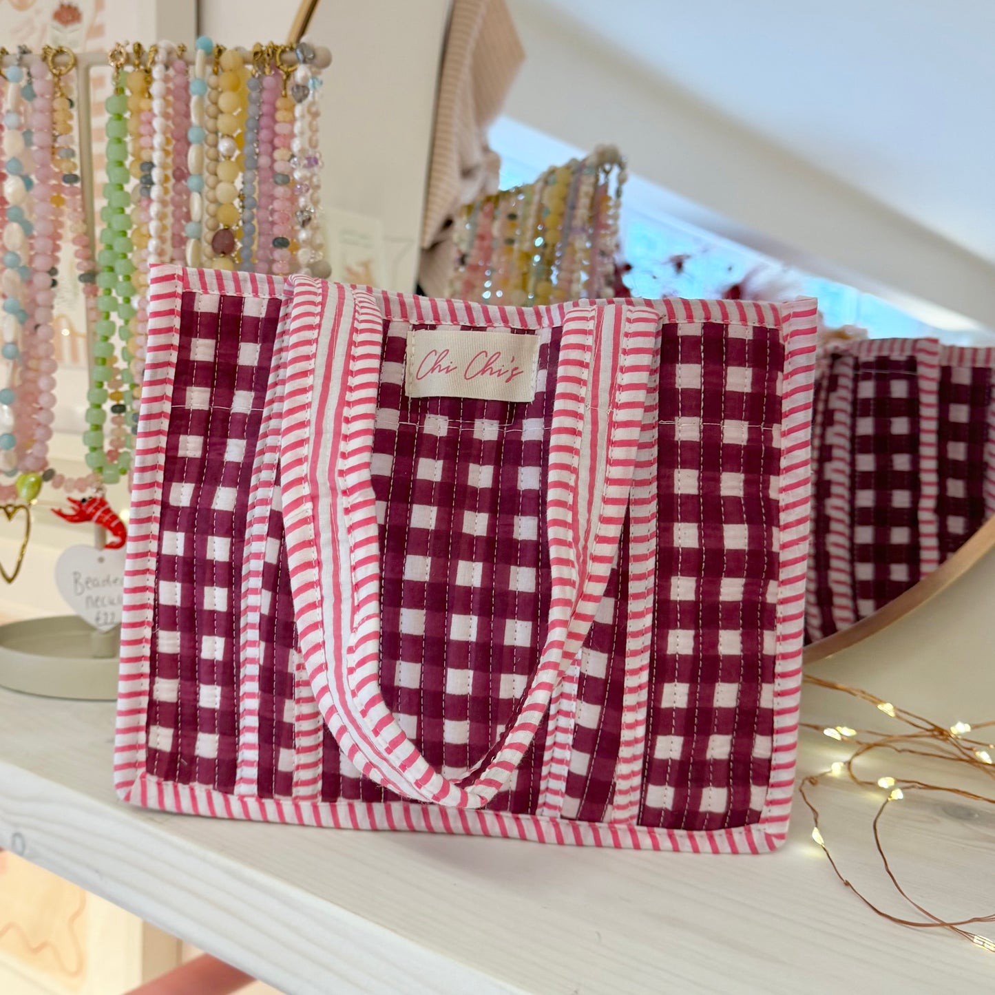 Burgundy & Pink Mini Gingham Tote Bag