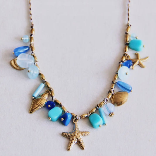 Blue Beaded Shell Charm Necklace