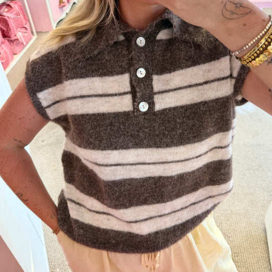 Brown & Cream Knitted Stripe Collared Button Vest Top