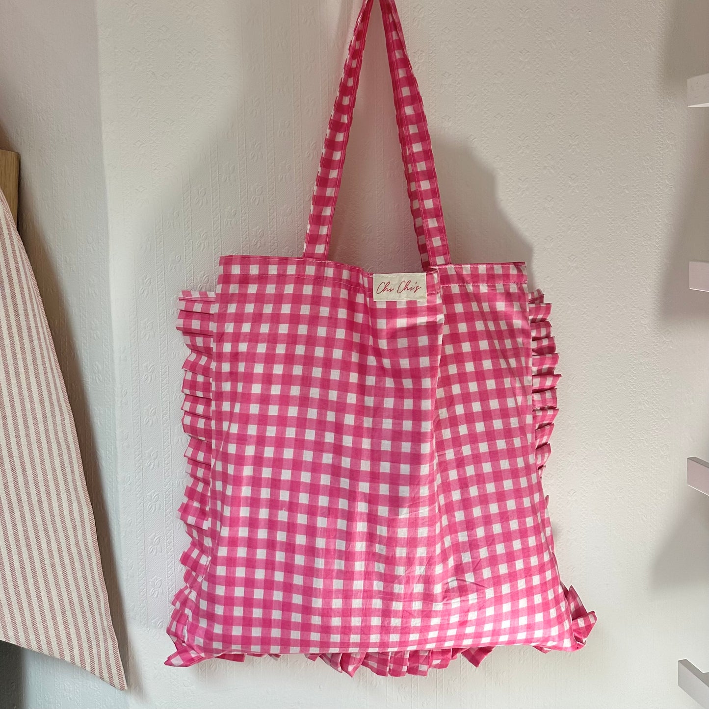 Pink Gingham Frilly Cotton Tote Bag