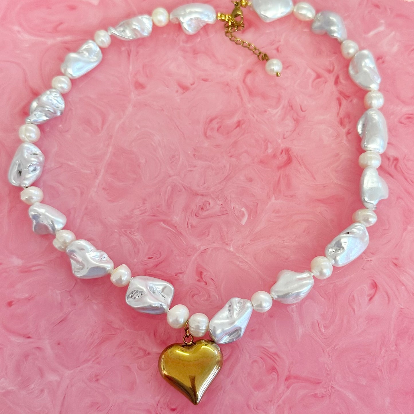 Pearl & Shell Bead Chunky Statement Necklace With Gold Heart