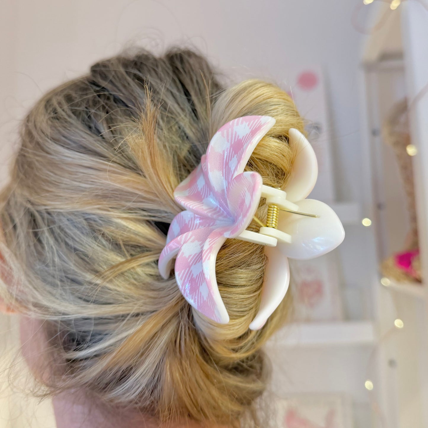 Pink Gingham Flower Claw Clip