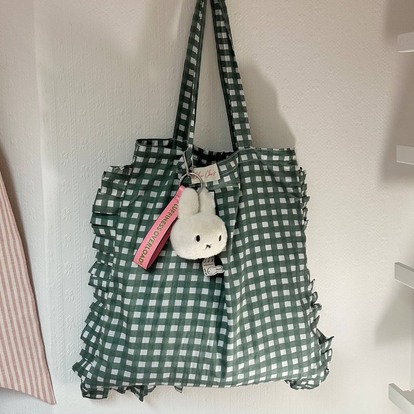 Green Gingham Frilly Cotton Tote Bag