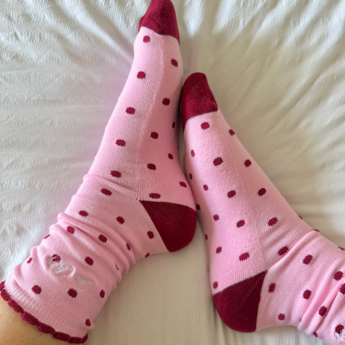 ‘Chi Chi’s’ Pink & Burgundy Polka Dot Socks 🩷