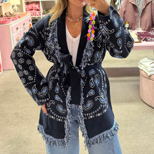 Navy Blue Pasiley Bandana Print Wrap Around Cardigan With Tie